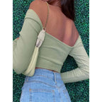 Tops cortos de manga larga con cuello en V ahuecados para primavera y otoño, camisetas informales a la moda con cuello cuadrado y acanalado ajustado, camiseta sin espalda - VibraStore