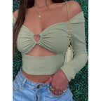Tops cortos de manga larga con cuello en V ahuecados para primavera y otoño, camisetas informales a la moda con cuello cuadrado y acanalado ajustado, camiseta sin espalda - VibraStore