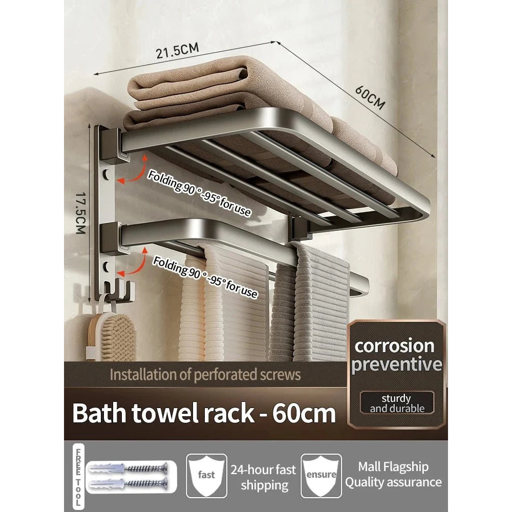 Upgrade And Thicken Grey/Black 40CM - 60CM Towel Rack Space Aluminum Toilet Storage Rack Wall Mounted BathTowel Rack - VibraStore