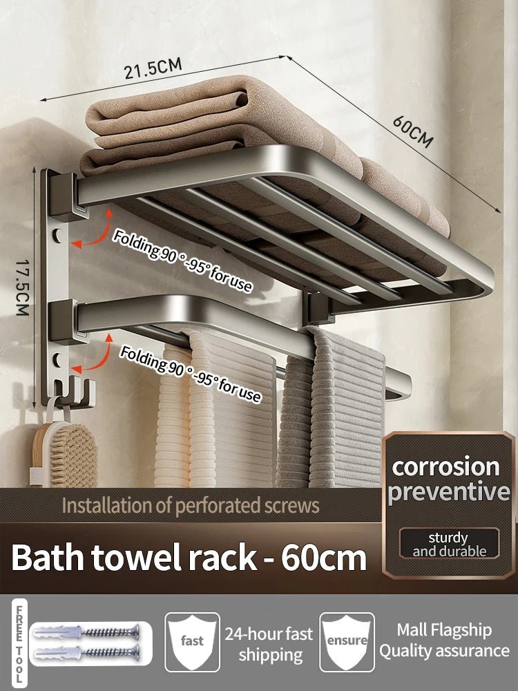Upgrade And Thicken Grey/Black 40CM - 60CM Towel Rack Space Aluminum Toilet Storage Rack Wall Mounted BathTowel Rack - VibraStore