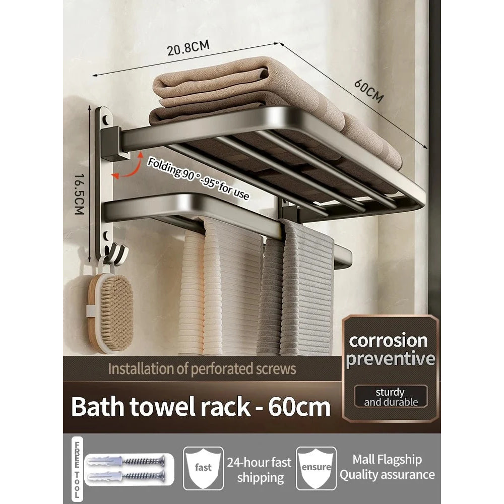 Upgrade And Thicken Grey/Black 40CM - 60CM Towel Rack Space Aluminum Toilet Storage Rack Wall Mounted BathTowel Rack - VibraStore