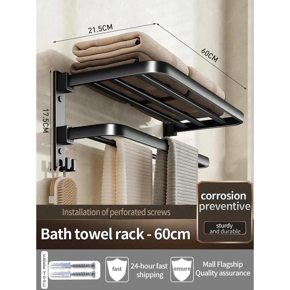 Upgrade And Thicken Grey/Black 40CM - 60CM Towel Rack Space Aluminum Toilet Storage Rack Wall Mounted BathTowel Rack - VibraStore