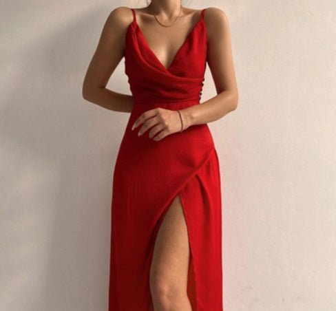 V - neck Slit Sling Dress Summer Fashion Sexy Slim Suspender Dresses For Women Clothing - VibraStore