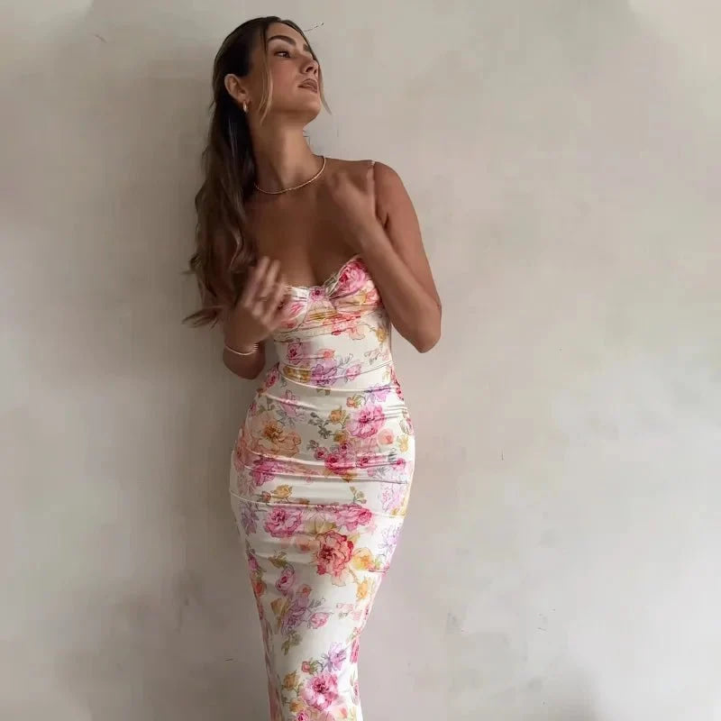 Verano 2025 Vestido largo con estampado floral para mujer, sin mangas, estilo playero, tirantes finos, vestido largo ajustado para fiesta de cumpleaños - VibraStore