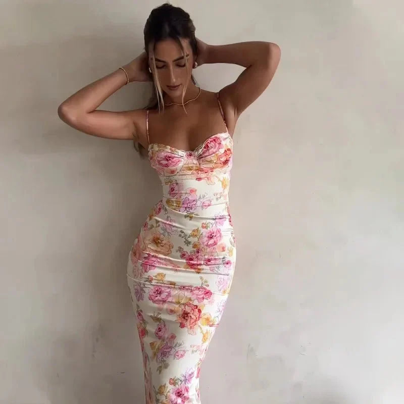 Verano 2025 Vestido largo con estampado floral para mujer, sin mangas, estilo playero, tirantes finos, vestido largo ajustado para fiesta de cumpleaños - VibraStore