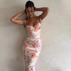 Verano 2025 Vestido largo con estampado floral para mujer, sin mangas, estilo playero, tirantes finos, vestido largo ajustado para fiesta de cumpleaños - VibraStore