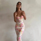 Verano 2025 Vestido largo con estampado floral para mujer, sin mangas, estilo playero, tirantes finos, vestido largo ajustado para fiesta de cumpleaños - VibraStore