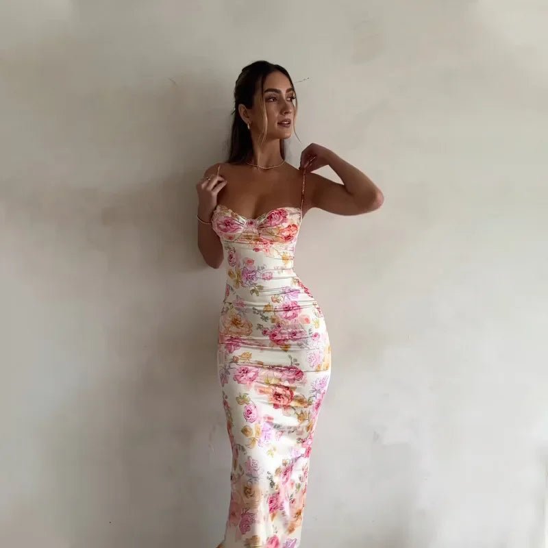 Verano 2025 Vestido largo con estampado floral para mujer, sin mangas, estilo playero, tirantes finos, vestido largo ajustado para fiesta de cumpleaños - VibraStore