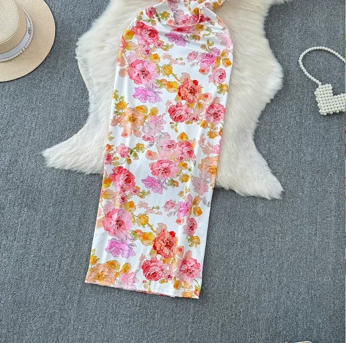 Verano 2025 Vestido largo con estampado floral para mujer, sin mangas, estilo playero, tirantes finos, vestido largo ajustado para fiesta de cumpleaños - VibraStore