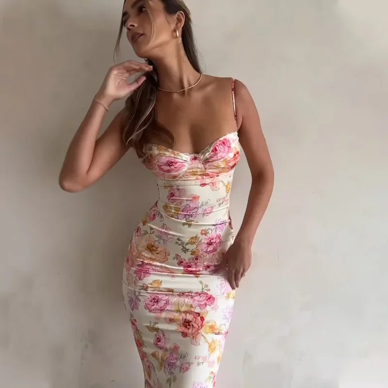 Verano 2025 Vestido largo con estampado floral para mujer, sin mangas, estilo playero, tirantes finos, vestido largo ajustado para fiesta de cumpleaños - VibraStore
