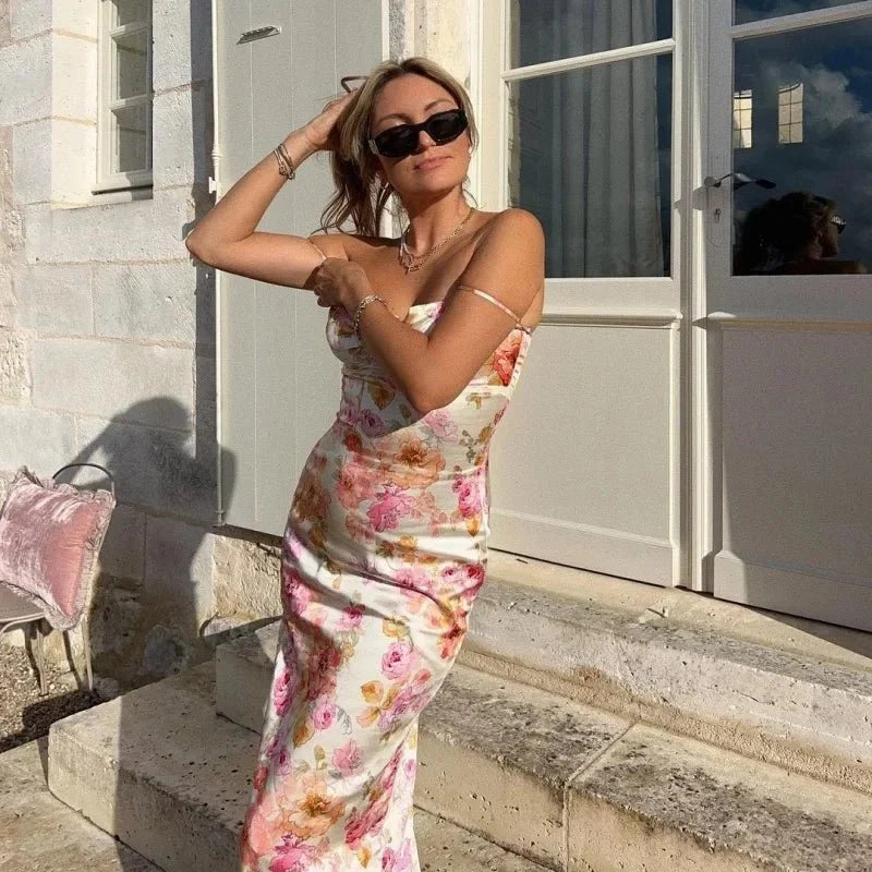 Verano 2025 Vestido largo con estampado floral para mujer, sin mangas, estilo playero, tirantes finos, vestido largo ajustado para fiesta de cumpleaños - VibraStore