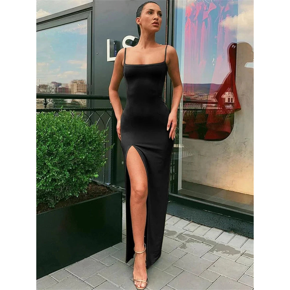Vestido ajustado sexi de verano para mujer, vestido Sexy con tirantes finos y manga dividida de Color sólido, Vestidos - VibraStore