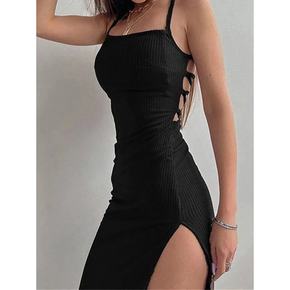 Vestido ceñido largo negro sexi para mujer, Vestidos de verano sin mangas con cuello Halter y tirantes finos, Vestidos con abertura alta - VibraStore