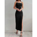 Vestido ceñido largo negro sexi para mujer, Vestidos de verano sin mangas con cuello Halter y tirantes finos, Vestidos con abertura alta - VibraStore