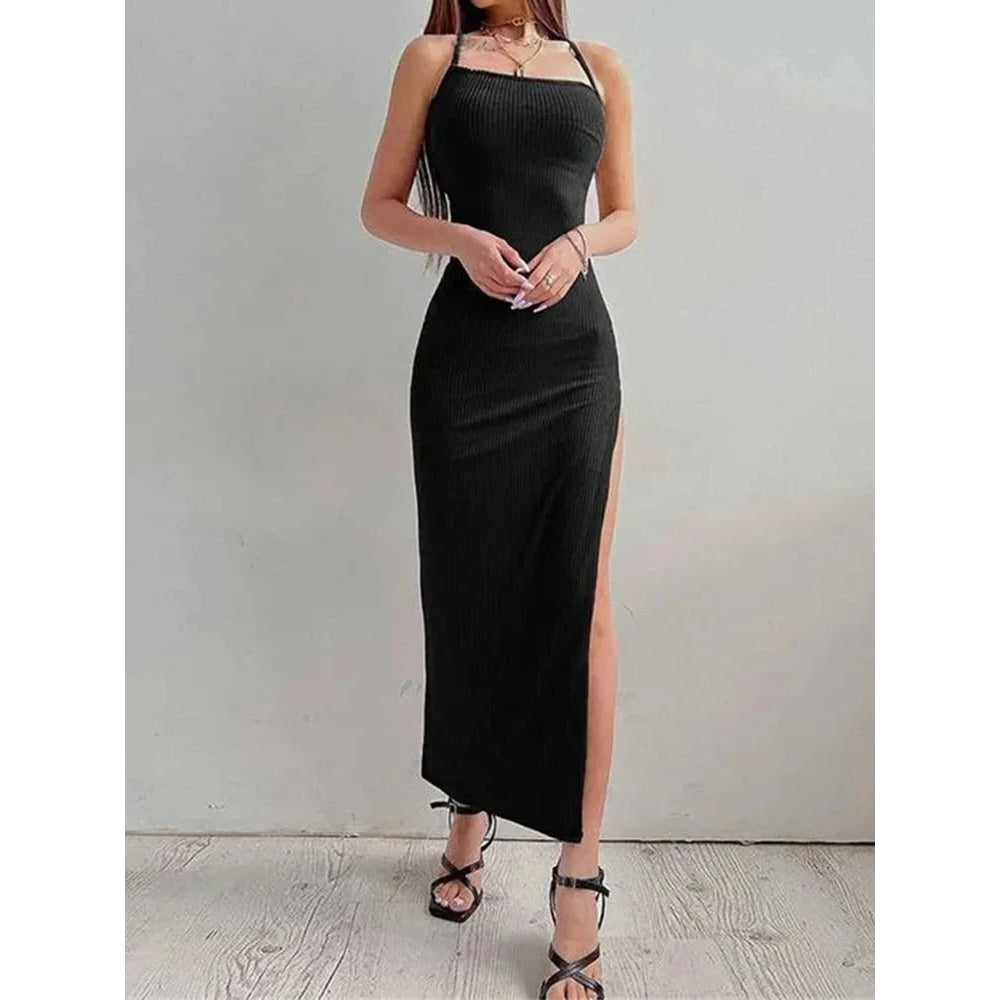 Vestido ceñido largo negro sexi para mujer, Vestidos de verano sin mangas con cuello Halter y tirantes finos, Vestidos con abertura alta - VibraStore