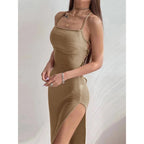 Vestido ceñido largo negro sexi para mujer, Vestidos de verano sin mangas con cuello Halter y tirantes finos, Vestidos con abertura alta - VibraStore