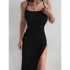 Vestido ceñido largo negro sexi para mujer, Vestidos de verano sin mangas con cuello Halter y tirantes finos, Vestidos con abertura alta - VibraStore