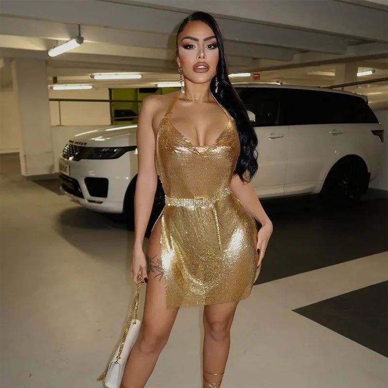 Vestido corto elegante para mujer, Sexy y a la moda, con cuello colgante, espalda descubierta, parte inferior en el pecho, lentejuelas, vestido de fiesta para chica y baile - VibraStore