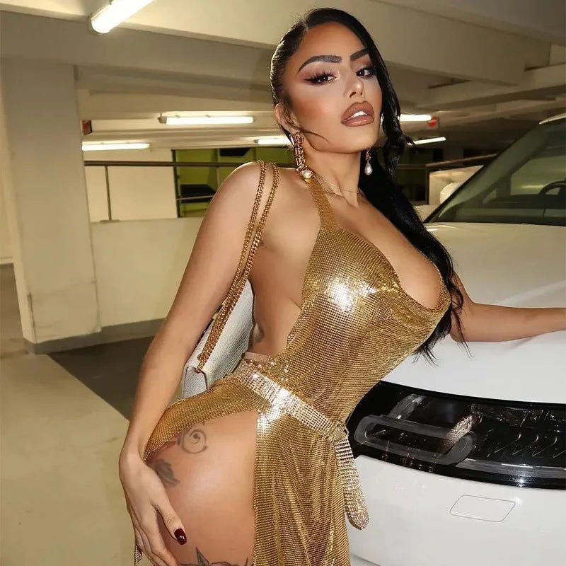 Vestido corto elegante para mujer, Sexy y a la moda, con cuello colgante, espalda descubierta, parte inferior en el pecho, lentejuelas, vestido de fiesta para chica y baile - VibraStore