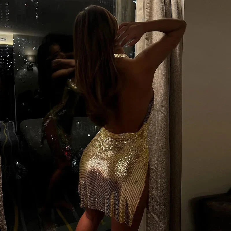 Vestido corto elegante para mujer, Sexy y a la moda, con cuello colgante, espalda descubierta, parte inferior en el pecho, lentejuelas, vestido de fiesta para chica y baile - VibraStore