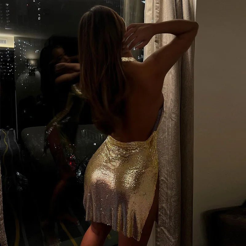 Vestido corto elegante para mujer, Sexy y a la moda, con cuello colgante, espalda descubierta, parte inferior en el pecho, lentejuelas, vestido de fiesta para chica y baile - VibraStore