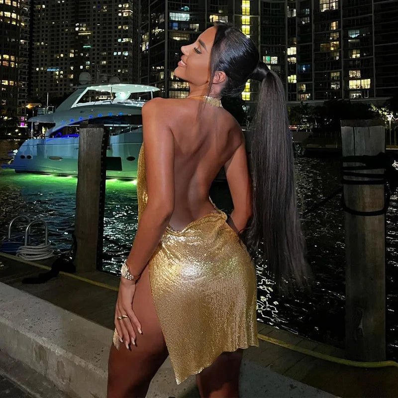 Vestido corto elegante para mujer, Sexy y a la moda, con cuello colgante, espalda descubierta, parte inferior en el pecho, lentejuelas, vestido de fiesta para chica y baile - VibraStore