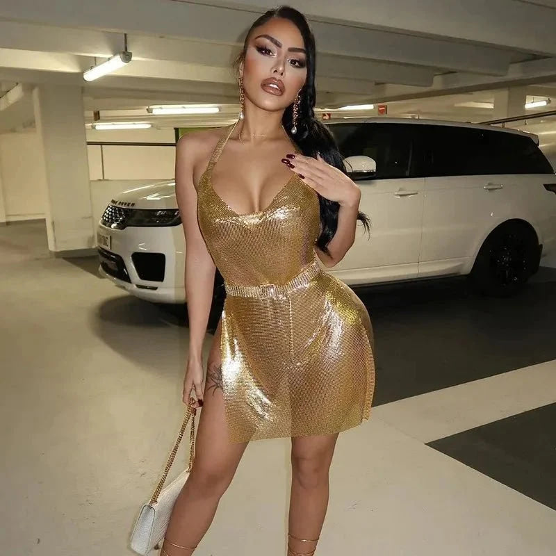 Vestido corto elegante para mujer, Sexy y a la moda, con cuello colgante, espalda descubierta, parte inferior en el pecho, lentejuelas, vestido de fiesta para chica y baile - VibraStore