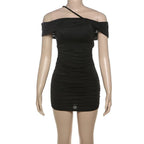 Vestido corto elegante y sencillo con un hombro plisado, ajustado, sin espalda, sin hebilla, novedad de verano europea y americana - VibraStore