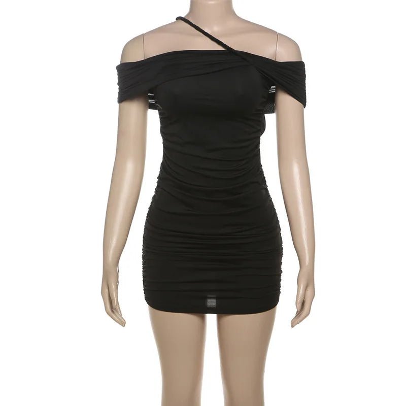 Vestido corto elegante y sencillo con un hombro plisado, ajustado, sin espalda, sin hebilla, novedad de verano europea y americana - VibraStore