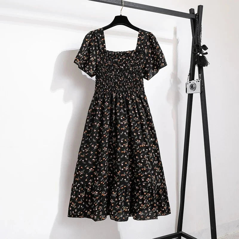 Vestido de gasa de primavera y verano para mujer, vestidos por debajo de la rodilla, manga corta, cintura elástica, estampado Floral, plisado, vestido informal sin espalda - VibraStore