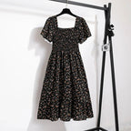 Vestido de gasa de primavera y verano para mujer, vestidos por debajo de la rodilla, manga corta, cintura elástica, estampado Floral, plisado, vestido informal sin espalda - VibraStore