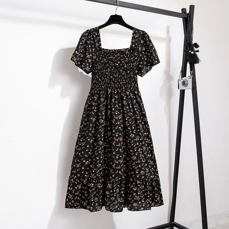 Vestido de gasa de primavera y verano para mujer, vestidos por debajo de la rodilla, manga corta, cintura elástica, estampado Floral, plisado, vestido informal sin espalda - VibraStore