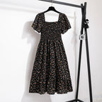 Vestido de gasa de primavera y verano para mujer, vestidos por debajo de la rodilla, manga corta, cintura elástica, estampado Floral, plisado, vestido informal sin espalda - VibraStore
