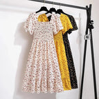 Vestido de gasa de primavera y verano para mujer, vestidos por debajo de la rodilla, manga corta, cintura elástica, estampado Floral, plisado, vestido informal sin espalda - VibraStore
