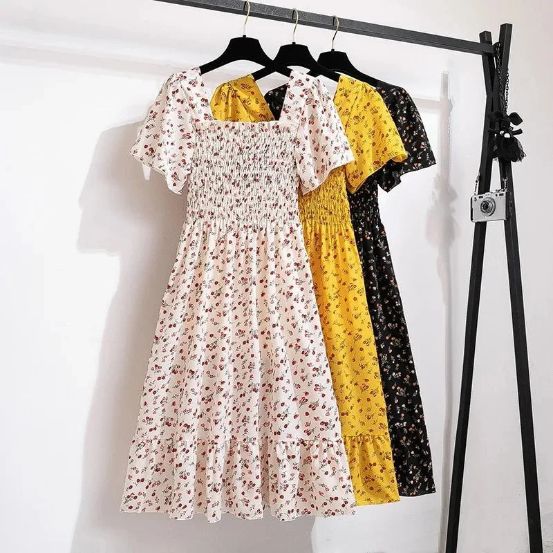 Vestido de gasa de primavera y verano para mujer, vestidos por debajo de la rodilla, manga corta, cintura elástica, estampado Floral, plisado, vestido informal sin espalda - VibraStore