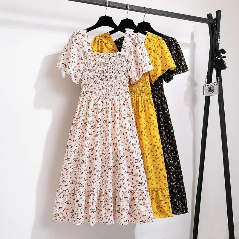 Vestido de gasa de primavera y verano para mujer, vestidos por debajo de la rodilla, manga corta, cintura elástica, estampado Floral, plisado, vestido informal sin espalda - VibraStore