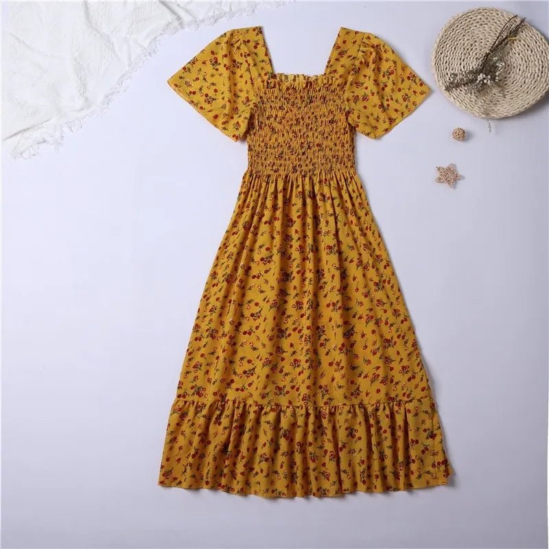 Vestido de gasa de primavera y verano para mujer, vestidos por debajo de la rodilla, manga corta, cintura elástica, estampado Floral, plisado, vestido informal sin espalda - VibraStore