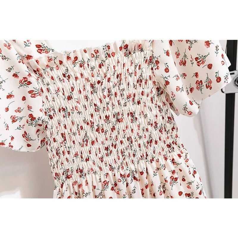 Vestido de gasa de primavera y verano para mujer, vestidos por debajo de la rodilla, manga corta, cintura elástica, estampado Floral, plisado, vestido informal sin espalda - VibraStore