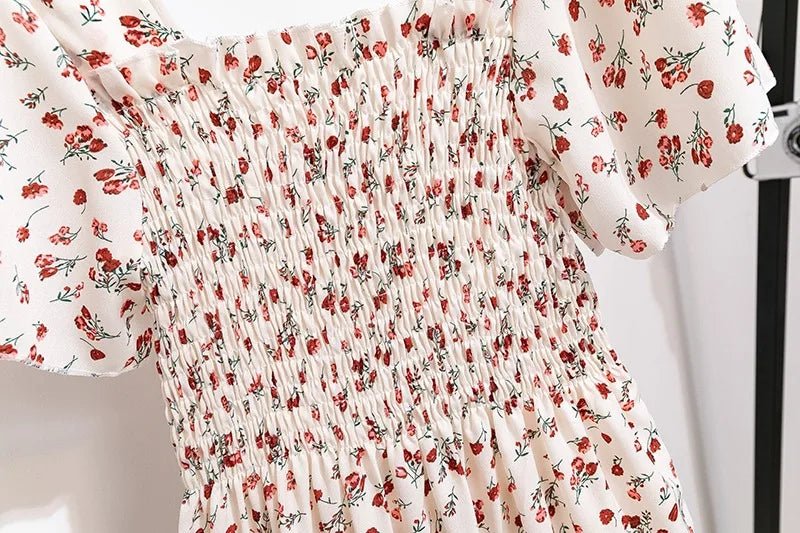 Vestido de gasa de primavera y verano para mujer, vestidos por debajo de la rodilla, manga corta, cintura elástica, estampado Floral, plisado, vestido informal sin espalda - VibraStore