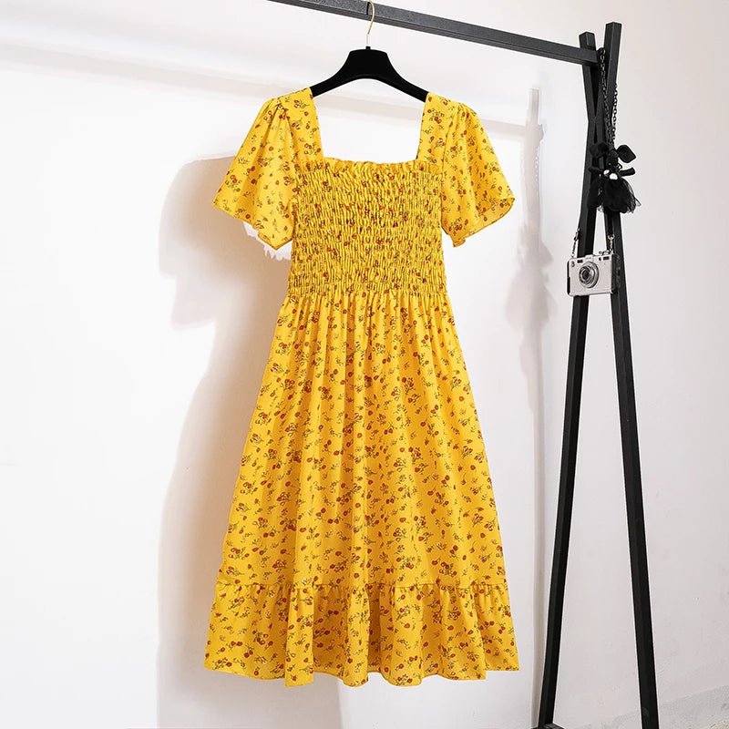 Vestido de gasa de primavera y verano para mujer, vestidos por debajo de la rodilla, manga corta, cintura elástica, estampado Floral, plisado, vestido informal sin espalda - VibraStore