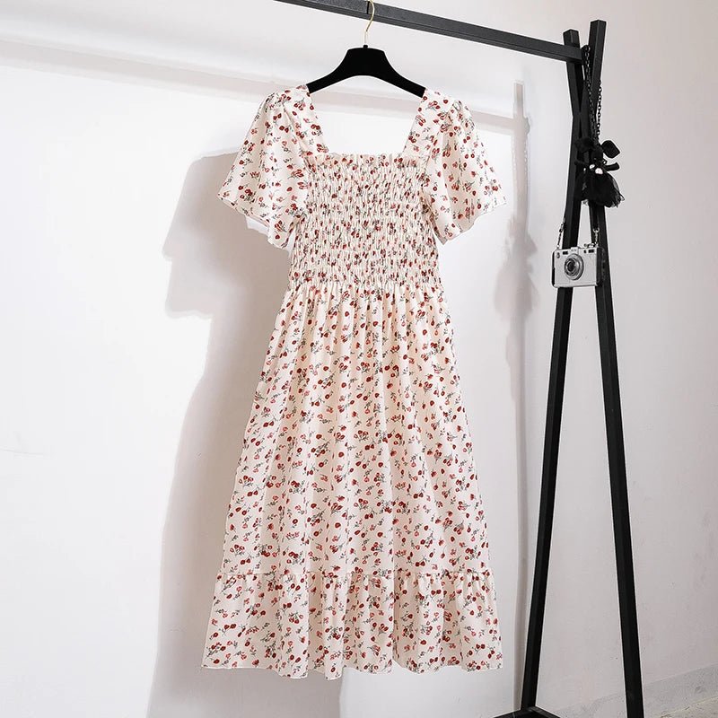 Vestido de gasa de primavera y verano para mujer, vestidos por debajo de la rodilla, manga corta, cintura elástica, estampado Floral, plisado, vestido informal sin espalda - VibraStore