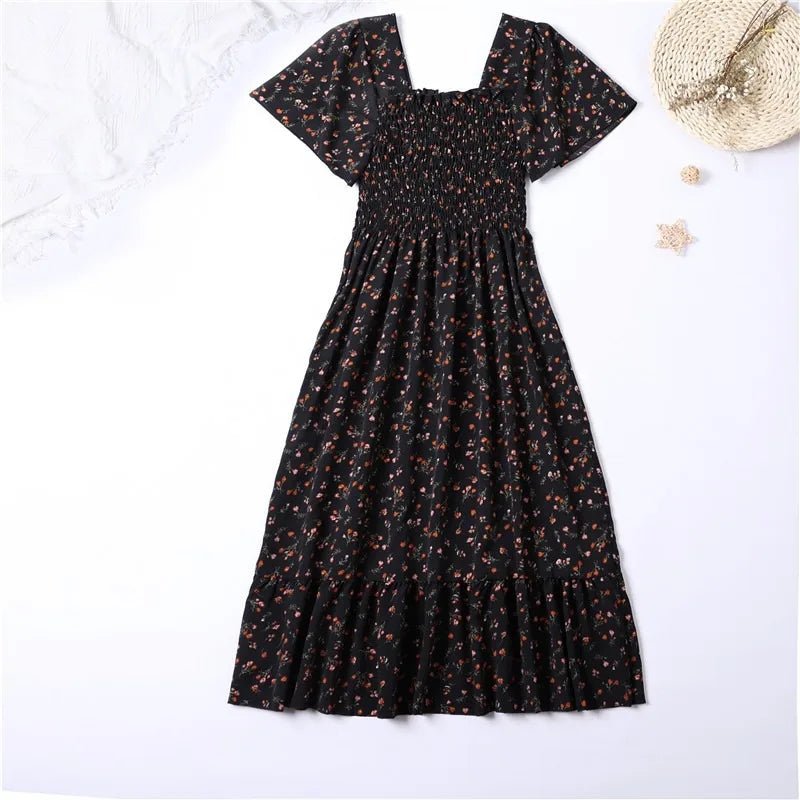 Vestido de gasa de primavera y verano para mujer, vestidos por debajo de la rodilla, manga corta, cintura elástica, estampado Floral, plisado, vestido informal sin espalda - VibraStore