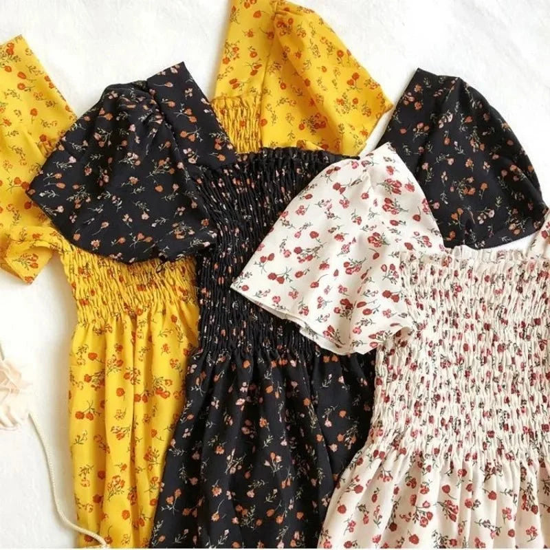 Vestido de gasa de primavera y verano para mujer, vestidos por debajo de la rodilla, manga corta, cintura elástica, estampado Floral, plisado, vestido informal sin espalda - VibraStore