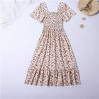 Vestido de gasa de primavera y verano para mujer, vestidos por debajo de la rodilla, manga corta, cintura elástica, estampado Floral, plisado, vestido informal sin espalda - VibraStore
