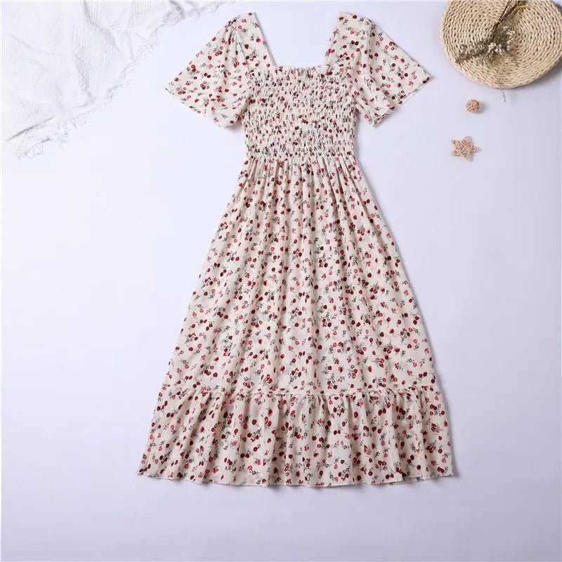 Vestido de gasa de primavera y verano para mujer, vestidos por debajo de la rodilla, manga corta, cintura elástica, estampado Floral, plisado, vestido informal sin espalda - VibraStore
