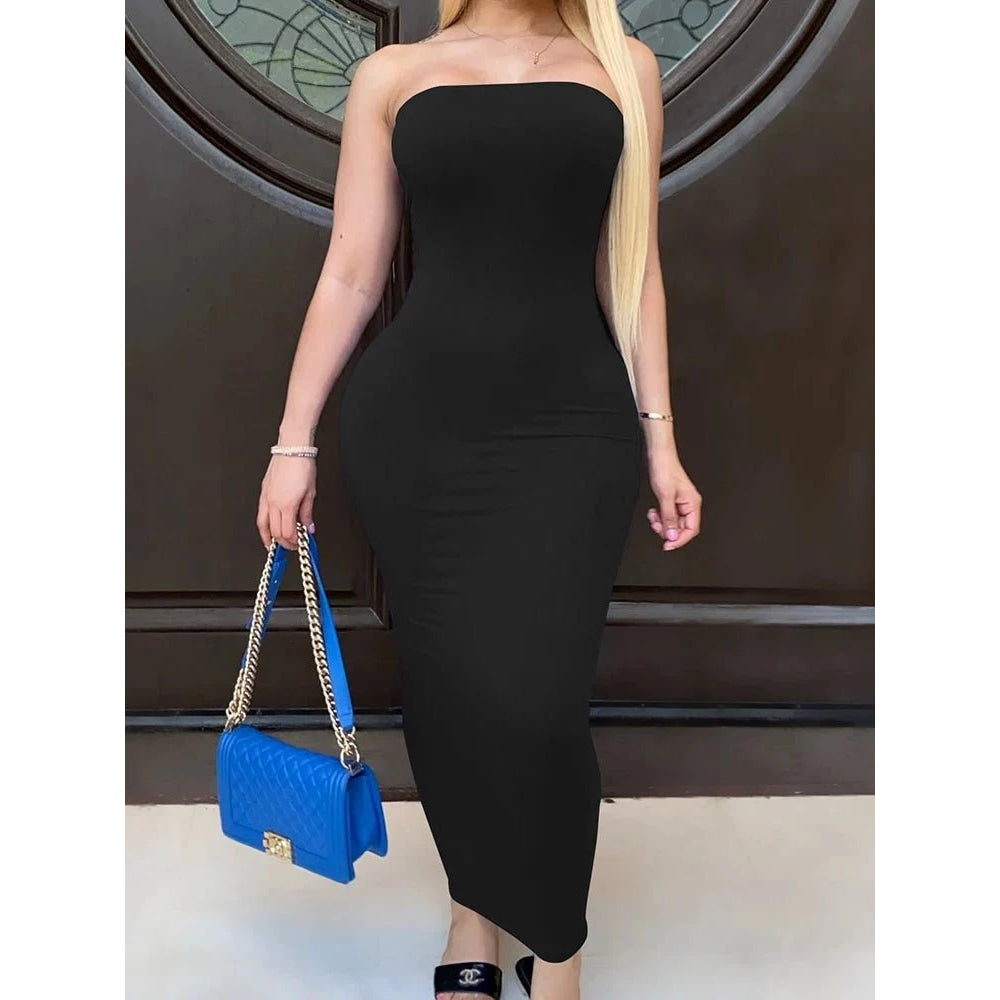 Vestido de mujer primavera verano Color sólido Sexy sin mangas envuelto en el pecho vestido de playa largo - VibraStore