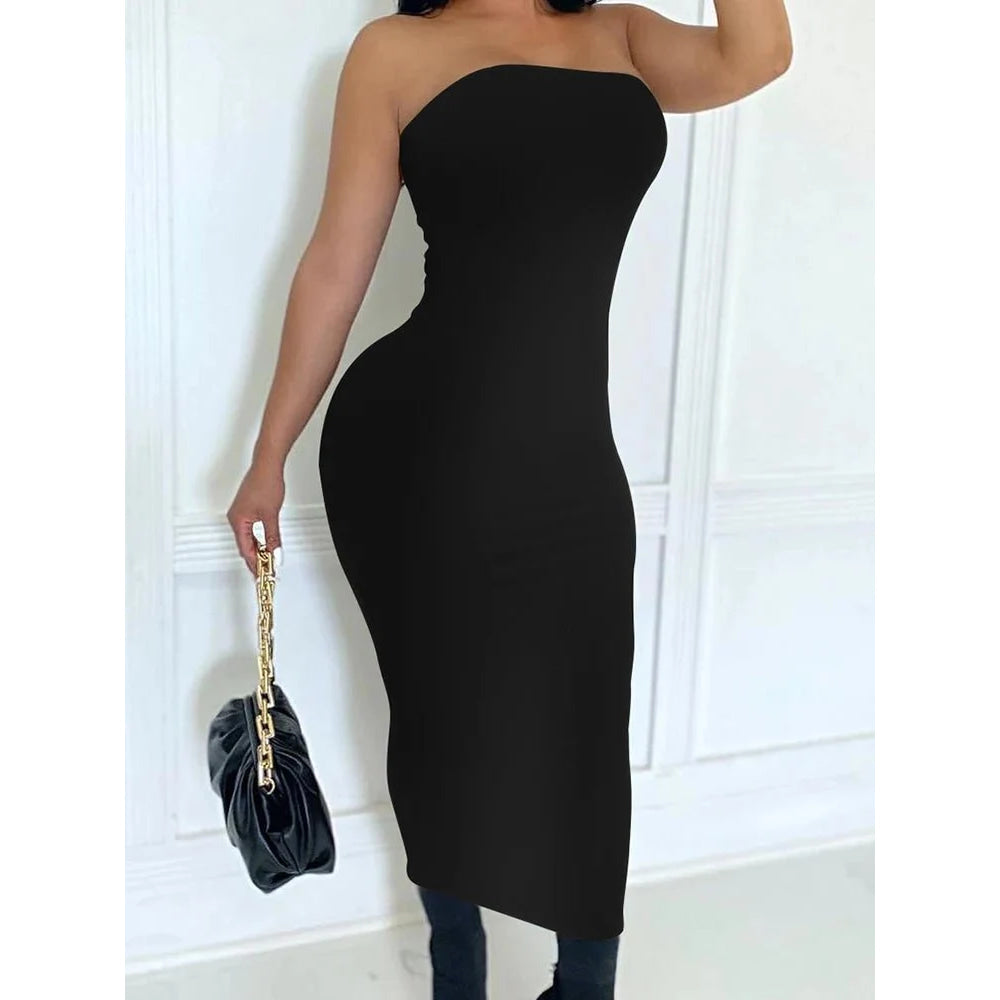 Vestido de mujer primavera verano Color sólido Sexy sin mangas envuelto en el pecho vestido de playa largo - VibraStore
