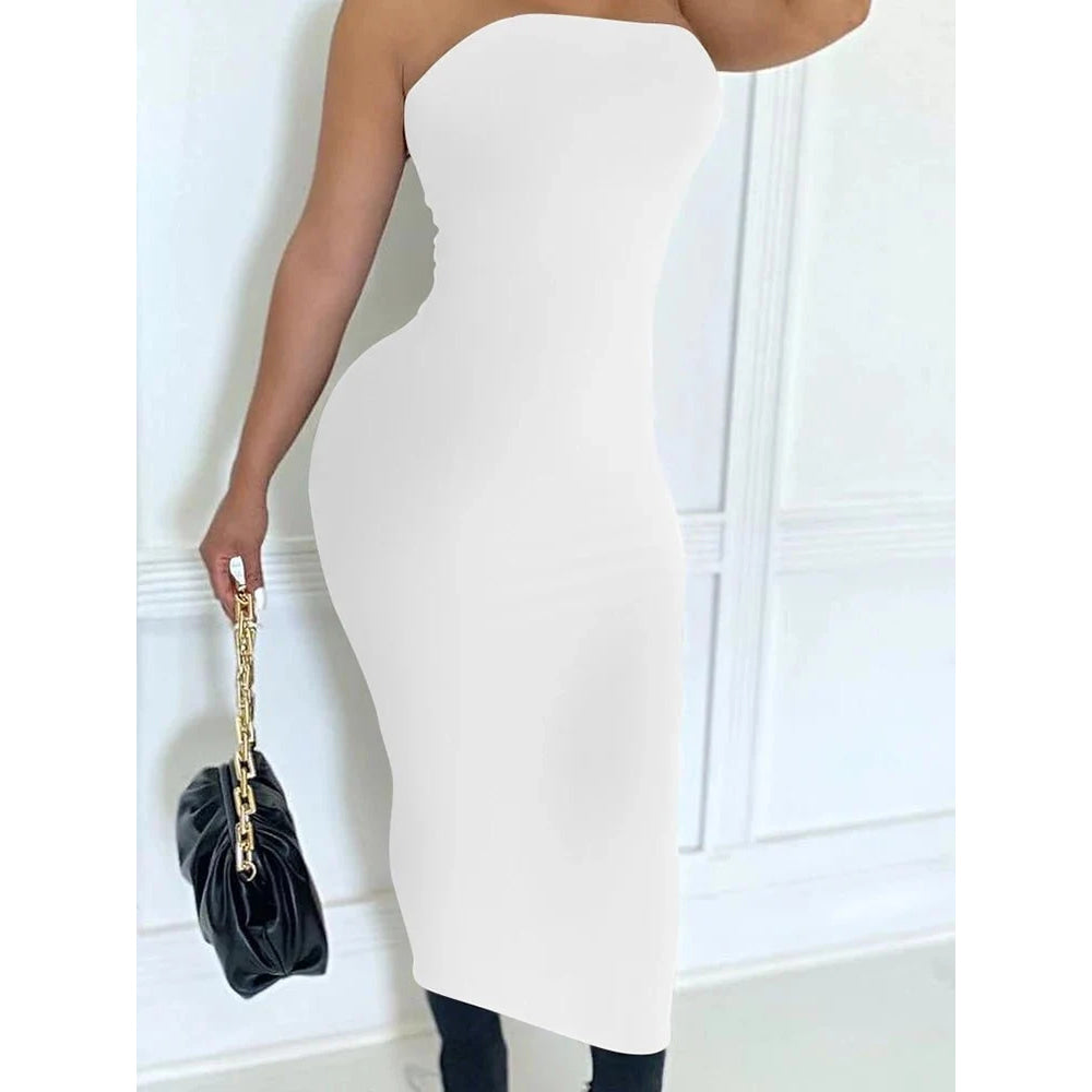 Vestido de mujer primavera verano Color sólido Sexy sin mangas envuelto en el pecho vestido de playa largo - VibraStore