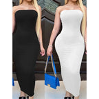 Vestido de mujer primavera verano Color sólido Sexy sin mangas envuelto en el pecho vestido de playa largo - VibraStore