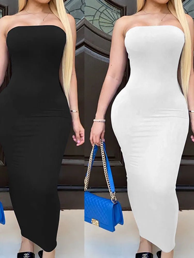 Vestido de mujer primavera verano Color sólido Sexy sin mangas envuelto en el pecho vestido de playa largo - VibraStore